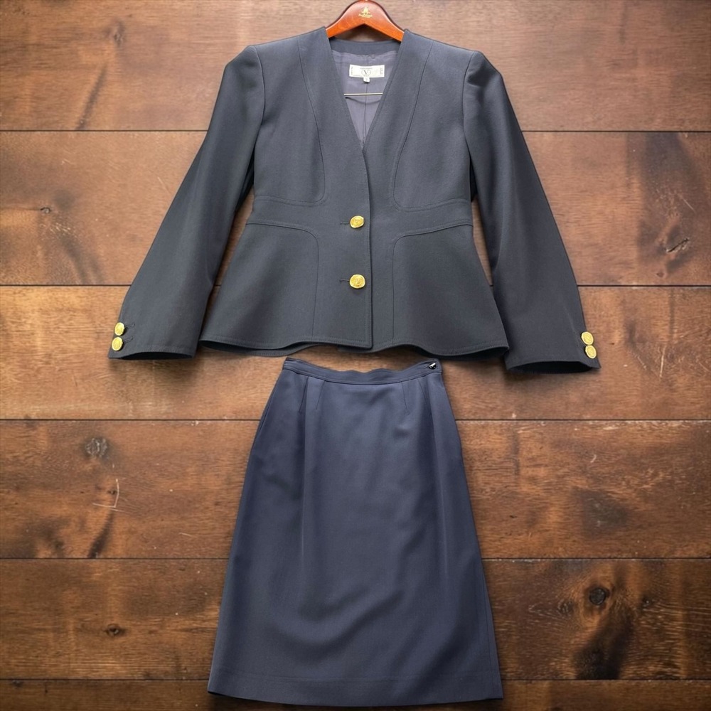 Vintage 90s Valentino Miss V Skirt Suit Navy Wool Collarless Italy IT40 US 8 - 6